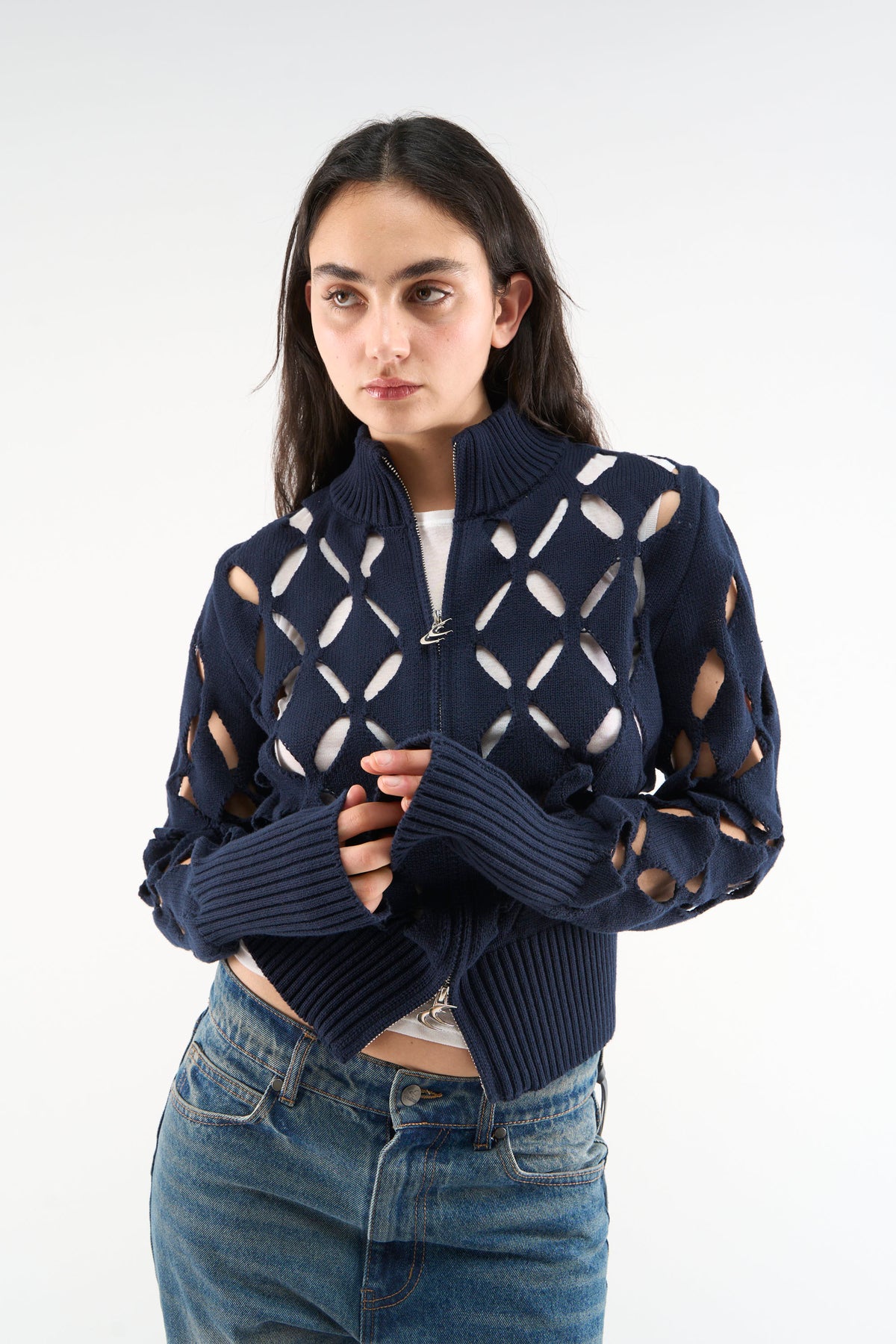 Cambodia Holes Navy Zipper Knit