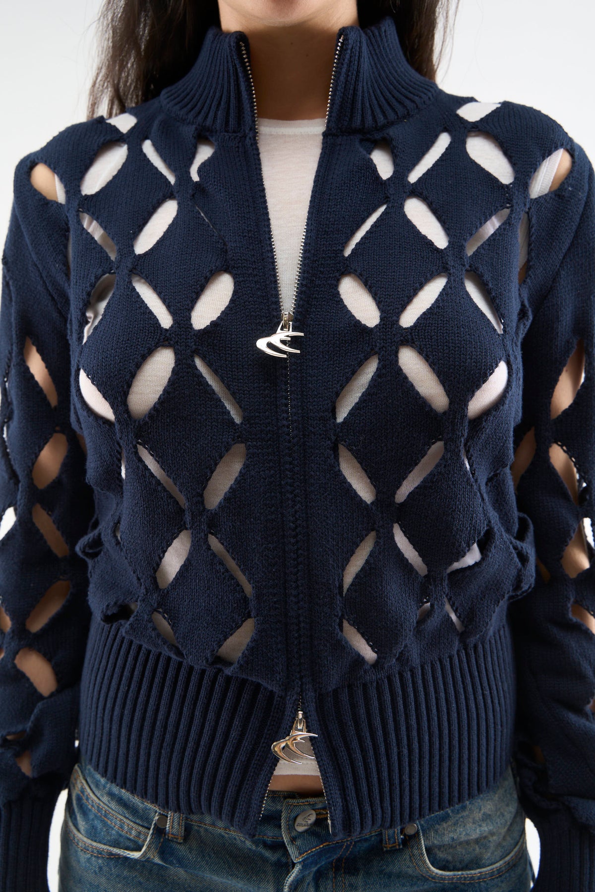 Cambodia Holes Navy Zipper Knit